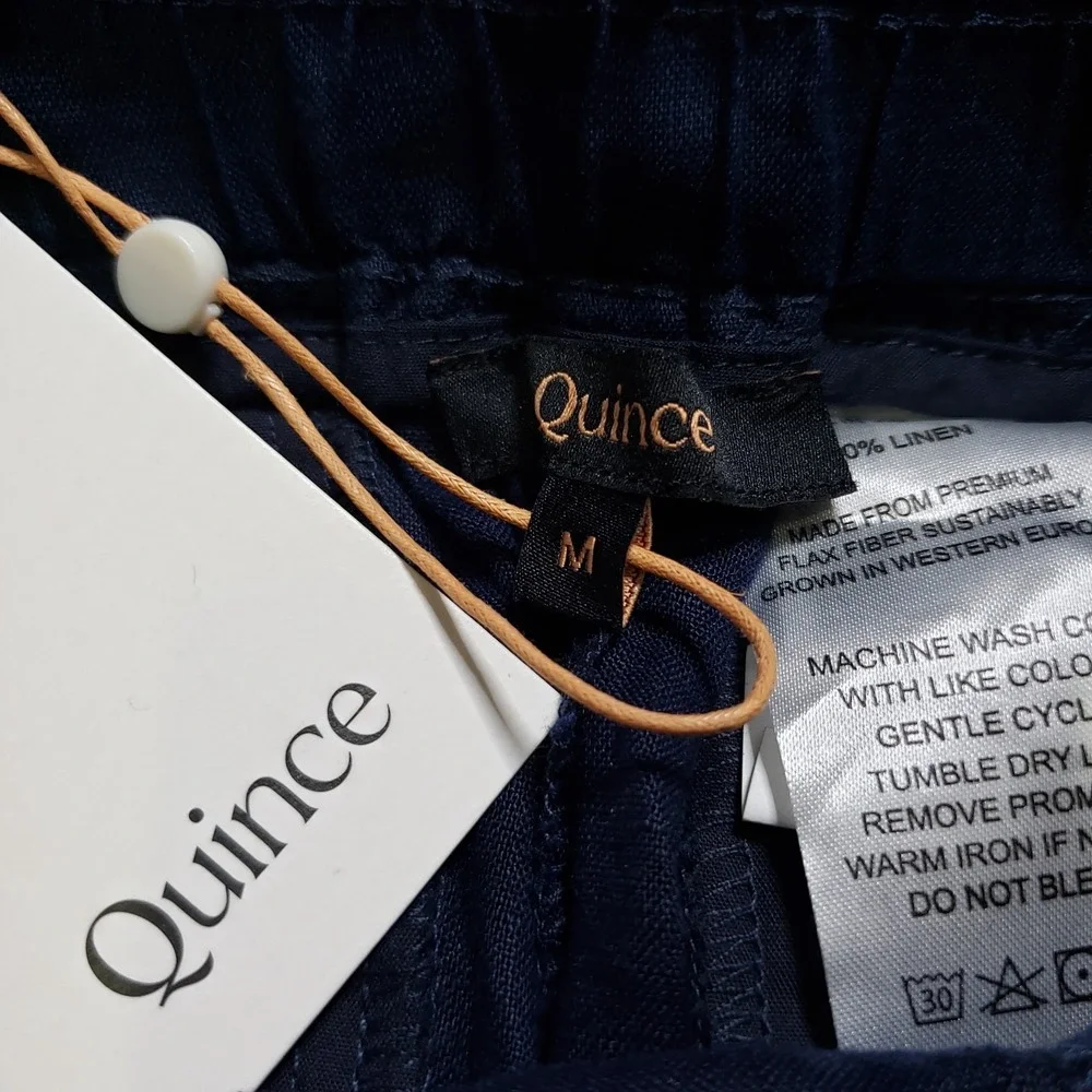 NWT Quince 100% European Linen High Rise Wide Leg Pants M Blue Drawstring Pckets